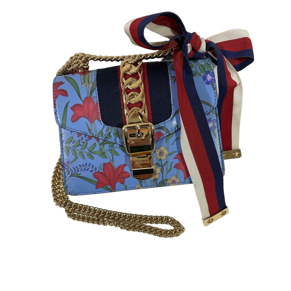 Gucci Sylvie Azure Blue Flora Chain Strap Leather Shoulder Bag #431666 L/N - Picture 2 of 14